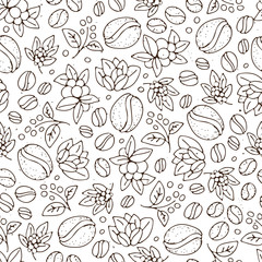 Seamless coffee background with branch of coffee and coffee beans. Hand drawn illustration in sketch style. Coffee seed, bean, composition of beans and coffee leaves, seeds on a branch in pattern with