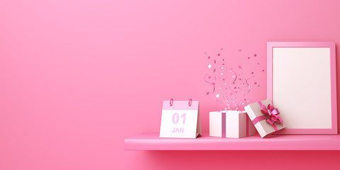 Happy New Year design creative concept, January 1st  calendar empty frame, rack or shelf, gift box, confetti on pink pastel background. Copy space text area, flat lay. 3D rendering illustration.