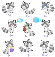 Cute Cartoon Raccoons Vector Illustration Set With Different Actions And Handwritten Inscriptions