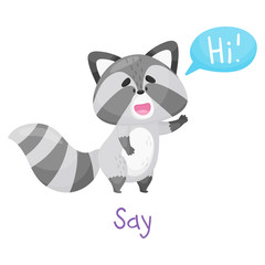 Fototapeta na wymiar Cute Little Raccoon Saying Hi And Waving With Paw With Handwritten Inscription Say Vector Illustration