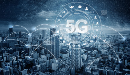 Futuristic city with 5G internet and application icons, Smart city