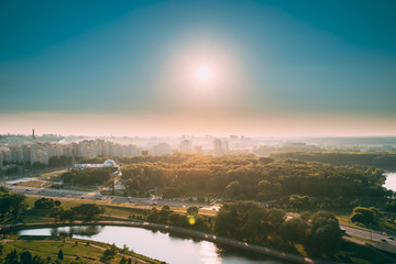 Fototapeta premium Minsk, Belarus. Top view, cityscape of Minsk, Belarus. Summer season, sunset time. Nyamiha district. War Museum