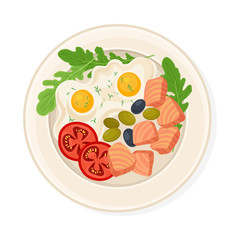 Salmon Slices with Fried Eggs Served on Plate