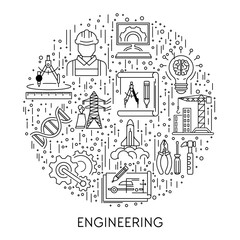 Building and science, engineering industries line icons on emblem or poster