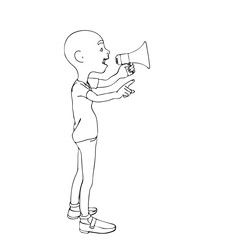 Cartoon character boy speaks with a megaphone. Vector outline illustration.