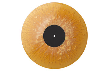 Old retro yellow (gold) plastic vinyl musical lp record with black label isolated over a white background