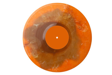 New orange plastic vinyl musical lp record with orange label isolated over a white background