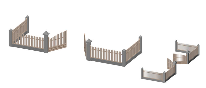 Wooden fence with opened gate. Isolated on white background. Vector illustration.