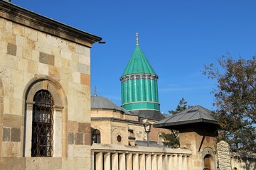 Konya Mevlana Museum, Religious building, Green minaret and museum inside. Mevlana Celaleddin-i Rumi is a sufi philosopher and mystic poet of Islam