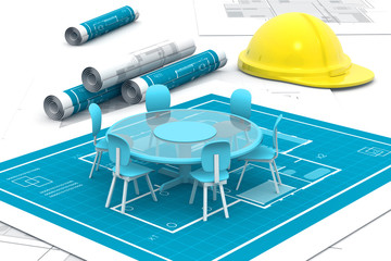 modern business furniture set on blueprint.3d illustration