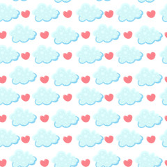 Cute seamless pattern with clouds and heart on white back