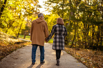 Fototapeta premium Romantic senior couple is walking in park in autumn.