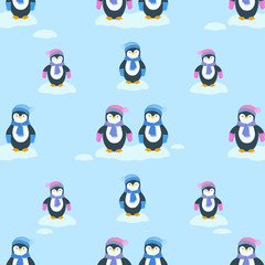 Vector seamless pattern with baby penguins and snowdrifts in winter season. Light blue background. Happy New Year. Winter and New Year print design.