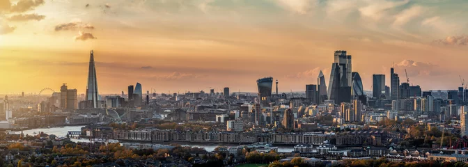 Poster Breed panorama van het stadslandschap van Londen, VK tijdens een herfstzonsondergang © moofushi