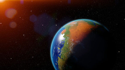 Sun is shining on terraformed Mars, plants and oceans on the red planet