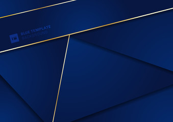 Abstract modern blue geometric triangles background with gold lines stripe. Luxury style.