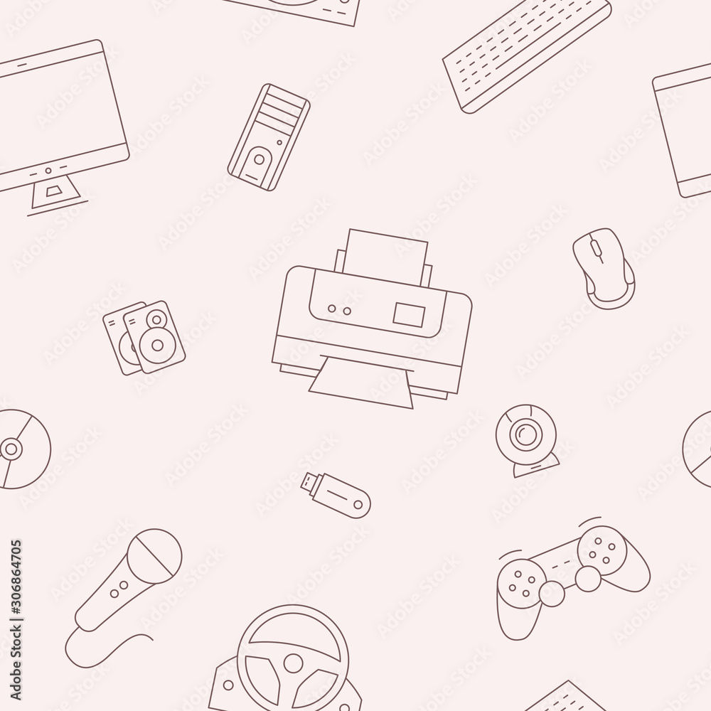 Poster electronic devices background - vector seamless pattern of technique and computer for graphic design