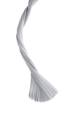 Fototapeta na wymiar Gray twisted hair on white background, isolated. Looks like animal tail. Carefully trimmed tips