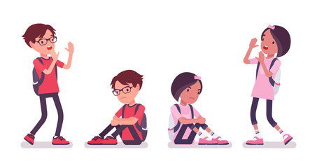 School boy, girl in casual wear feel sad and scared. Cute small children with rucksack, active young friend kids, smart elementary pupils between 7, 9 years old. Vector flat style cartoon illustration