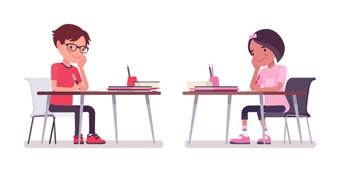 School boy, girl sitting at desk busy with study and home work. Cute small children, young friend kids, smart elementary pupils aged between 7 and 9 year old. Vector flat style cartoon illustration
