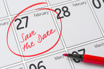 Save the Date written on a calendar - February 27