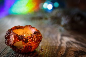 Burning candle. Christmas pattern