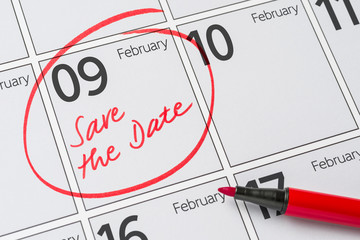 Save the Date written on a calendar - February 09