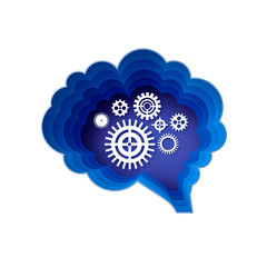 Brain, gears and cogs working together. Brainstorm paper cut style. Origami brain and thinking process, good idea, brain activity, insight. Blue.
