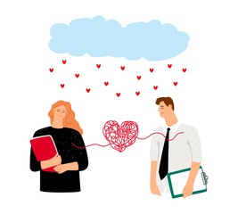 Couple in love heart bound. Enamored romance couple characters, rain hearts. St. Valentines Day vector illustration