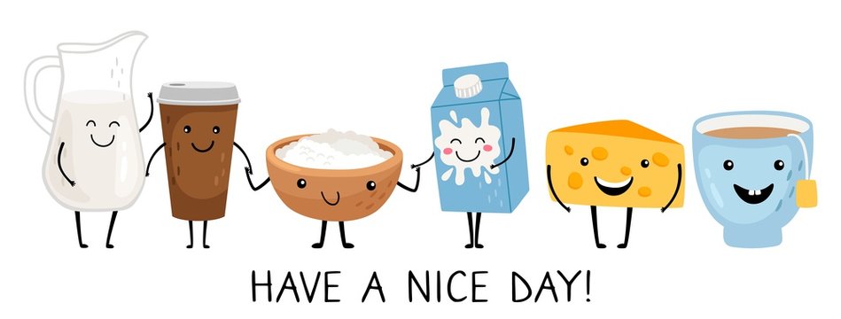Funny breakfast characters. Have a nice day banner template. Vector cute isolated food set