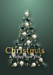 Abstract Christmas tree of 3d realistic green and white baubles, garlands. Merry Christmas and Happy New Year.