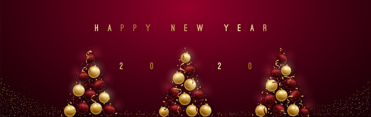 Fototapeta na wymiar New Year 2020 vector banner. 3 Abstract Christmas trees in the form of 3d realistic baubles in gold and dark red color.