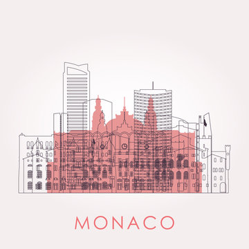 Outline Monaco skyline with landmarks. Vector illustration. Business travel and tourism concept with historic buildings. Image for presentation, banner, placard and web site.