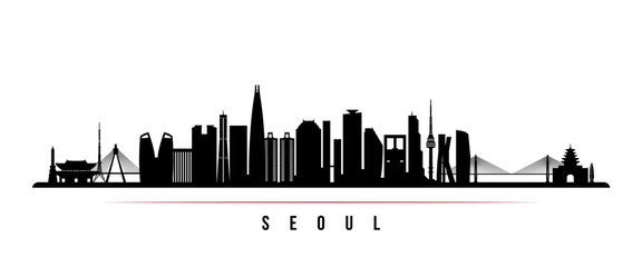 Naklejka premium Poziomy baner panoramę Seulu. Czarno-biała sylwetka Seulu, w Korei Południowej. Szablon wektor dla swojego projektu.