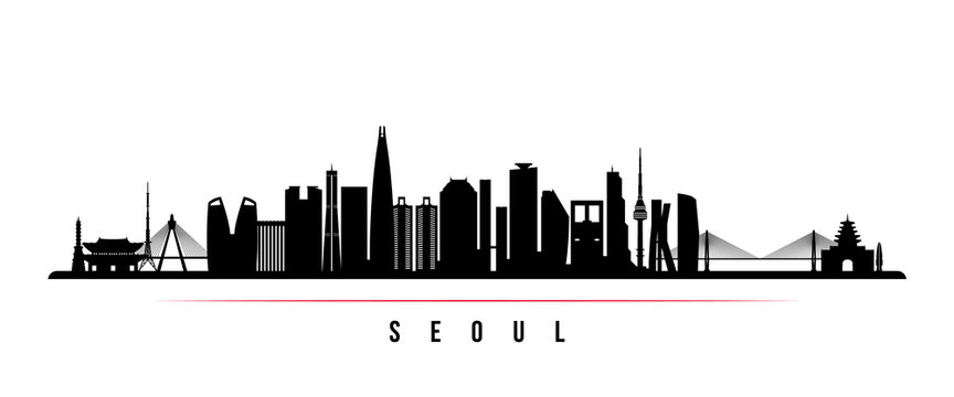 Seoul skyline horizontal banner. Black and white silhouette of Seoul, South Korea. Vector template for your design. © greens87