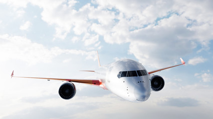 Commercial airplane flying on sunny blue sky.