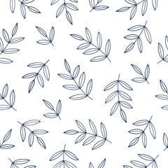 Simple floral seamless pattern with hand drawn leaves for textile, wallpapers, gift wrap and scrapbook. White background. Vector.