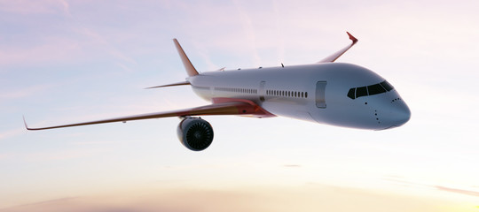 Commercial airplane flying on sunset sky