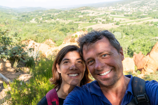 Vacation couple selfie in rustrel village colorado Roussillon in provence france