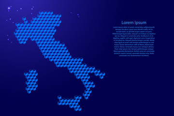 Fototapeta premium Italy map from 3D blue cubes isometric abstract concept, square pattern, angular geometric shape, glowing stars. Vector illustration.