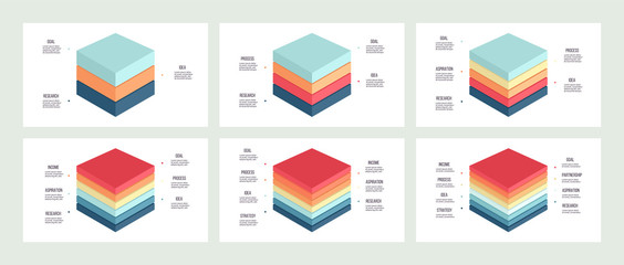 Business infographics. Charts with 3, 4, 5, 6, 7, 8 steps, options, layers, levels. Vector diagram.