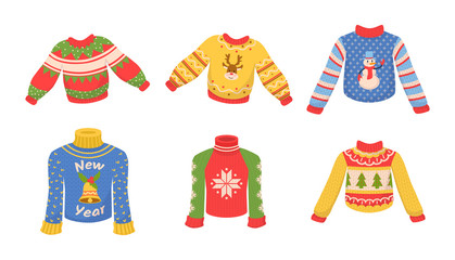 Cute winter warm knitted sweaters set. Christmas sweaters with festive winter year ornaments deer, snowman, snowflakes, bell, spruce cartoon vector illustration