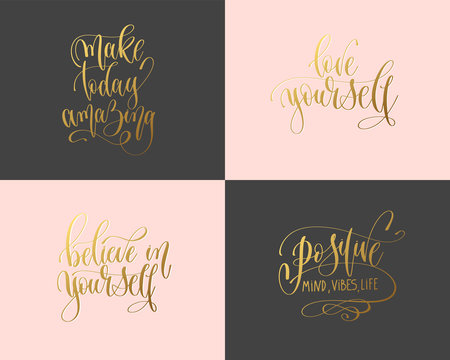 Set Of 4 Hand Gold Lettering Inscription Typography Text Positive Quote