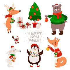 Christmas set with isolated cute forest animals