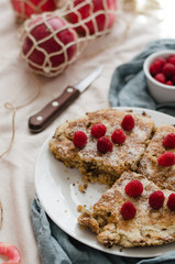 Apple pie with raspberries. Rustic style and zero waste concept.