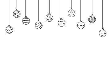 Christmas and New Year background with Hanging simple outline Christmas Balls