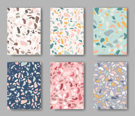 set of six abstract cards with terrazzo ornament in different colors 