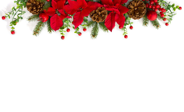 Christmas decoration. Flowers of red poinsettia, branch christmas tree, pine cones, ball, red berries on a white background with space for text. Top view, flat lay