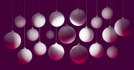 Christmas ornaments hanging in the air with violet background 3D rendering
