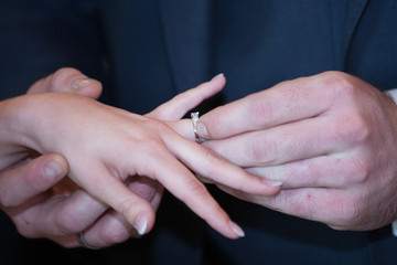 An unrecognizable bride and groom exchanging of the Wedding Rings in church during the christian wedding ceremony 